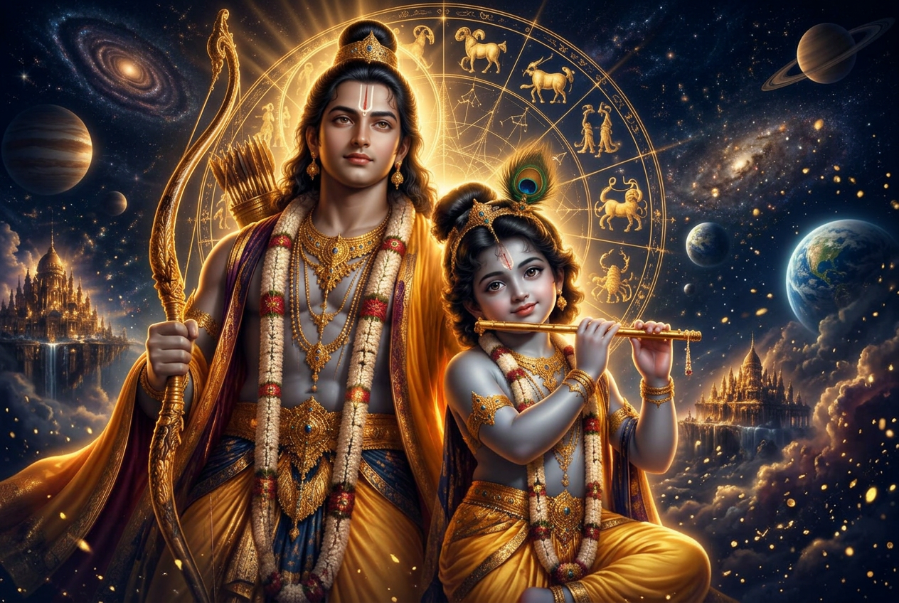 Lord Rama and young Lord Krishna in a golden cosmic Vedic universe